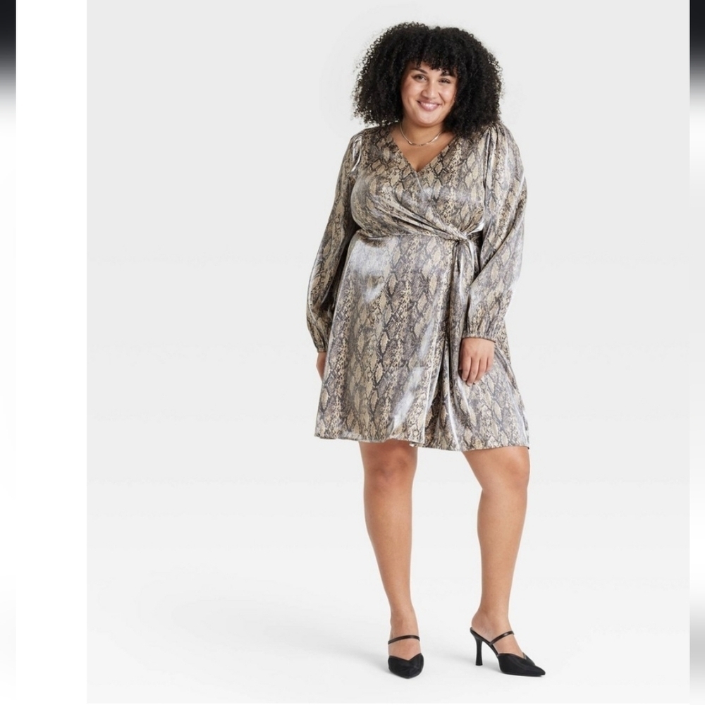 Women's Balloon Long Sleeve Midi Wrap Dress - Ava & Viv Tan 1X